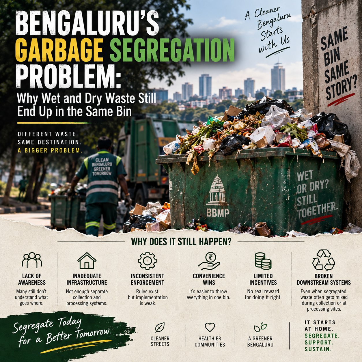 An overflowing BBMP garbage bin in Bengaluru with mixed wet and dry waste, a sanitation worker in the background against the city skyline