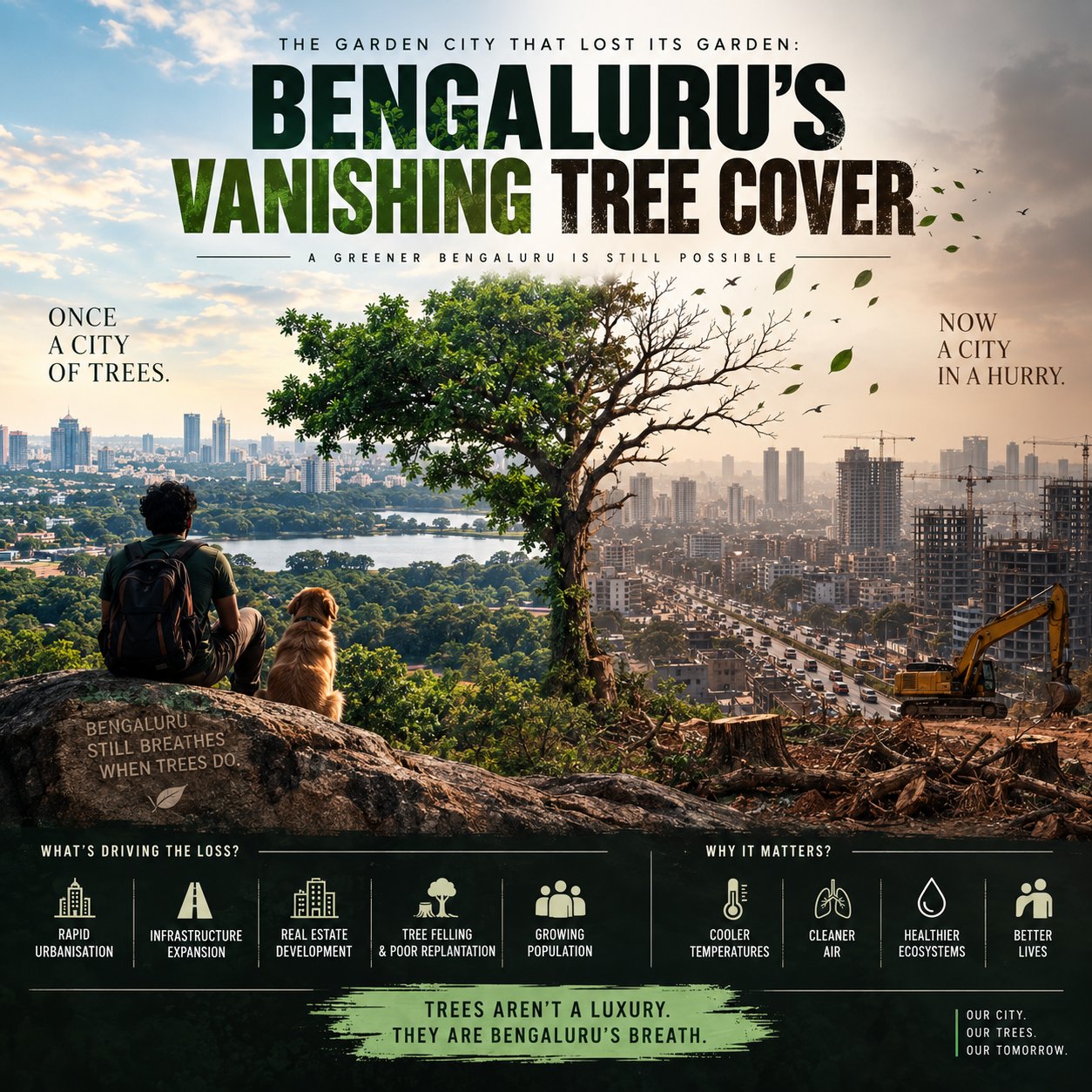A lone tree overlooking green Bengaluru on one side and a construction site clearing trees on the other