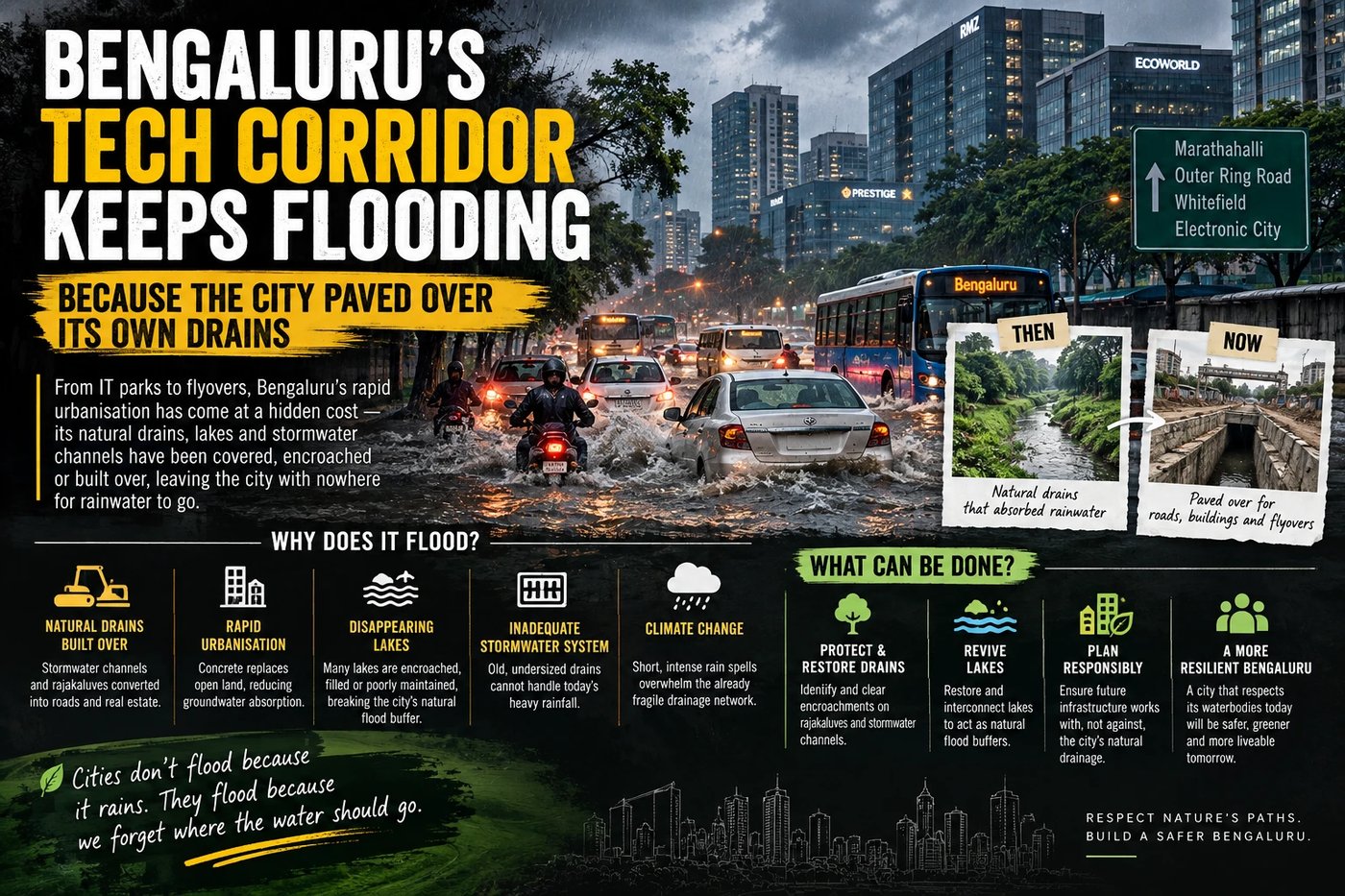 Cars and buses wading through flooded water on Bengaluru's Outer Ring Road tech corridor